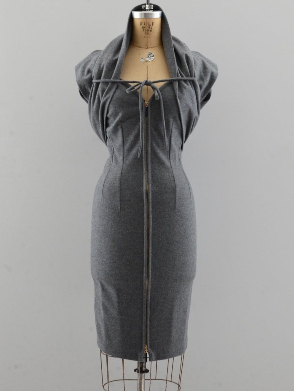Fendi Grey Zip-Front Bodycon Dress with Shoulder Tie Detail